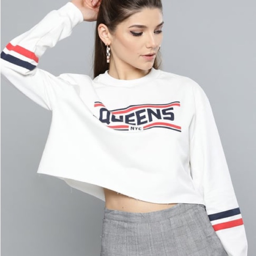 H&M White Crop Top with Red and Blue Accents Size XS
